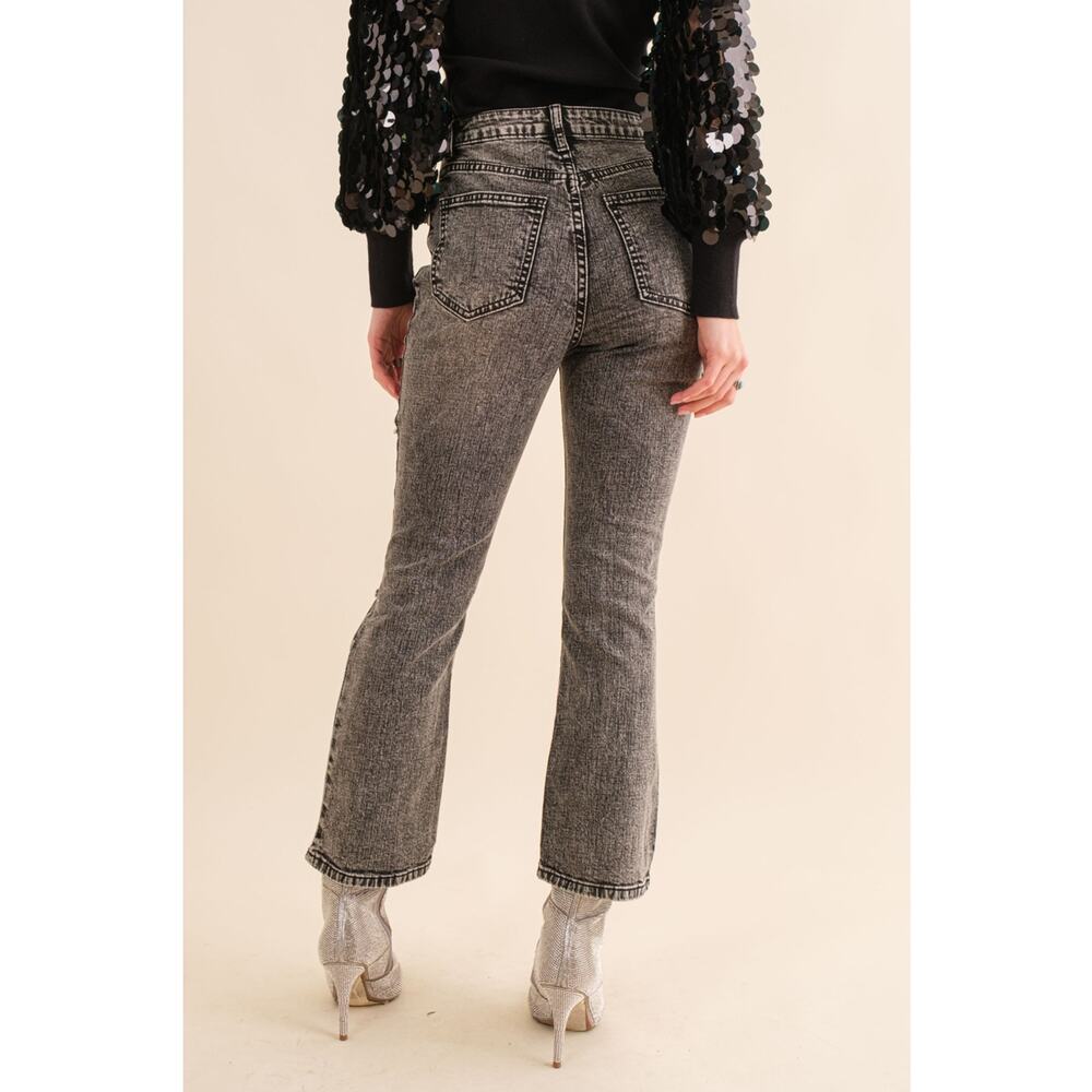 Blue B Size Large Charcoal Crop Stretch Ankle Button Heart Cut Out Denim Jeans - Picture 5 of 6